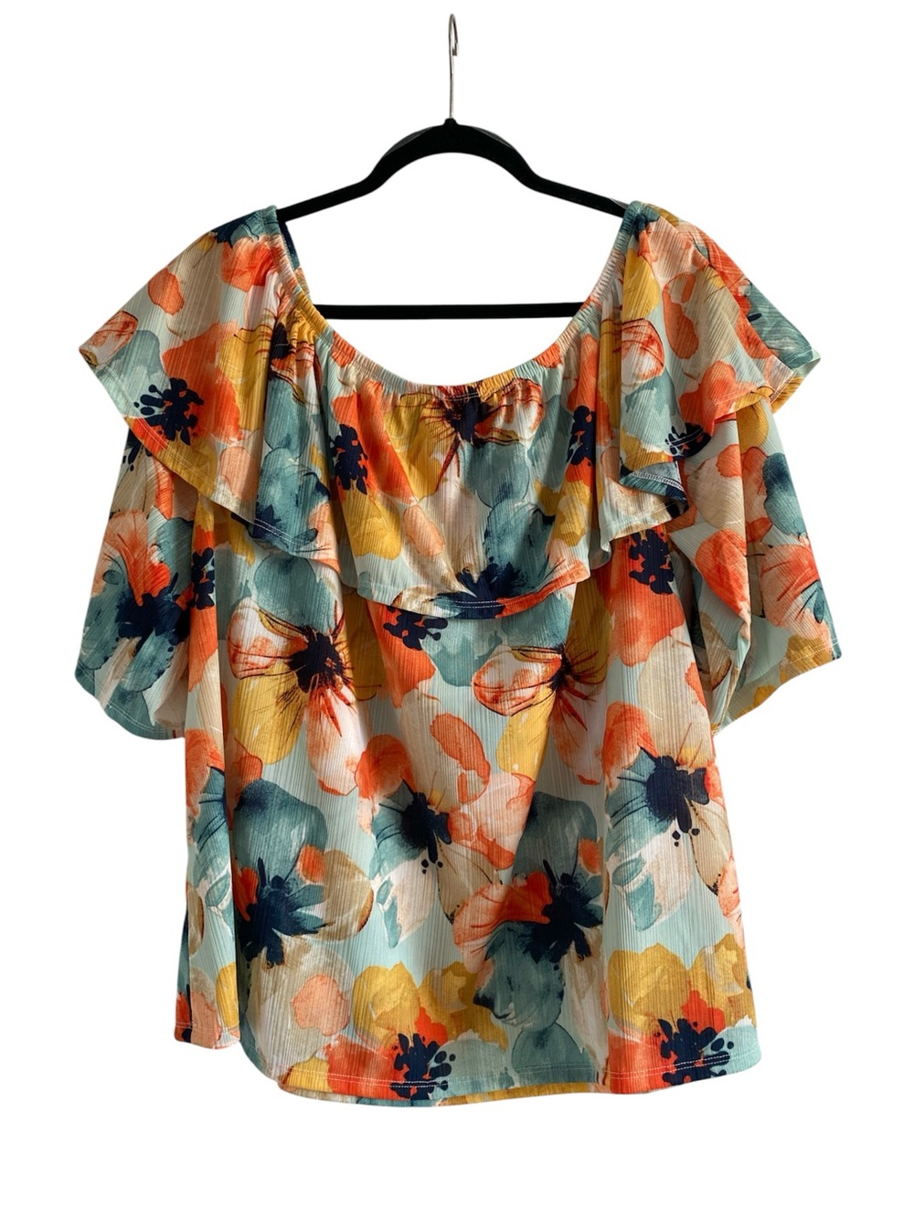 Cato XL Floral Ruffle Blouse Watercolor Flutter Sleeve Stretch Top